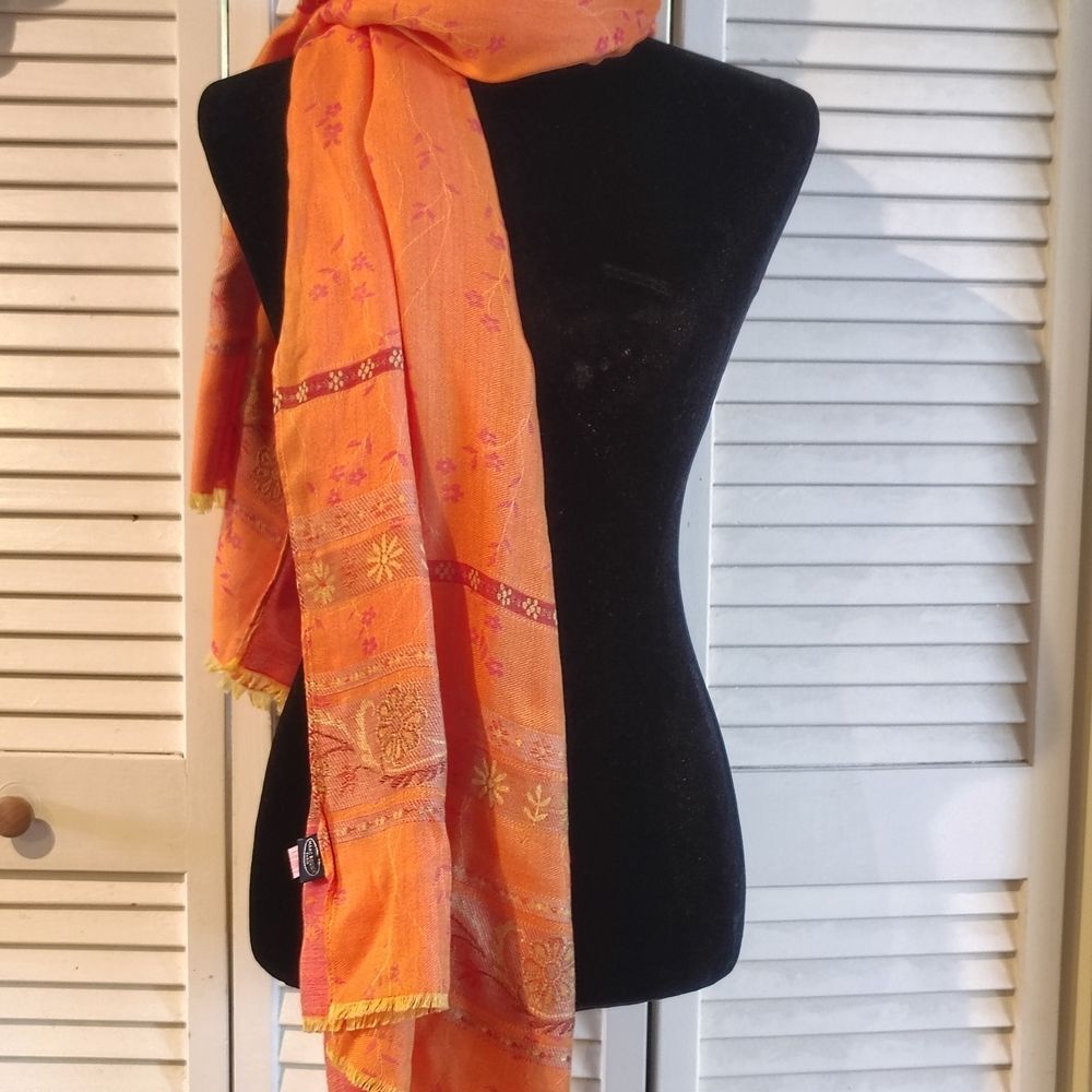 Marc Rozier Paris Silk Blend Scarf – Orange with Gold Floral Accents - Size - OS - Picture 8 of 8